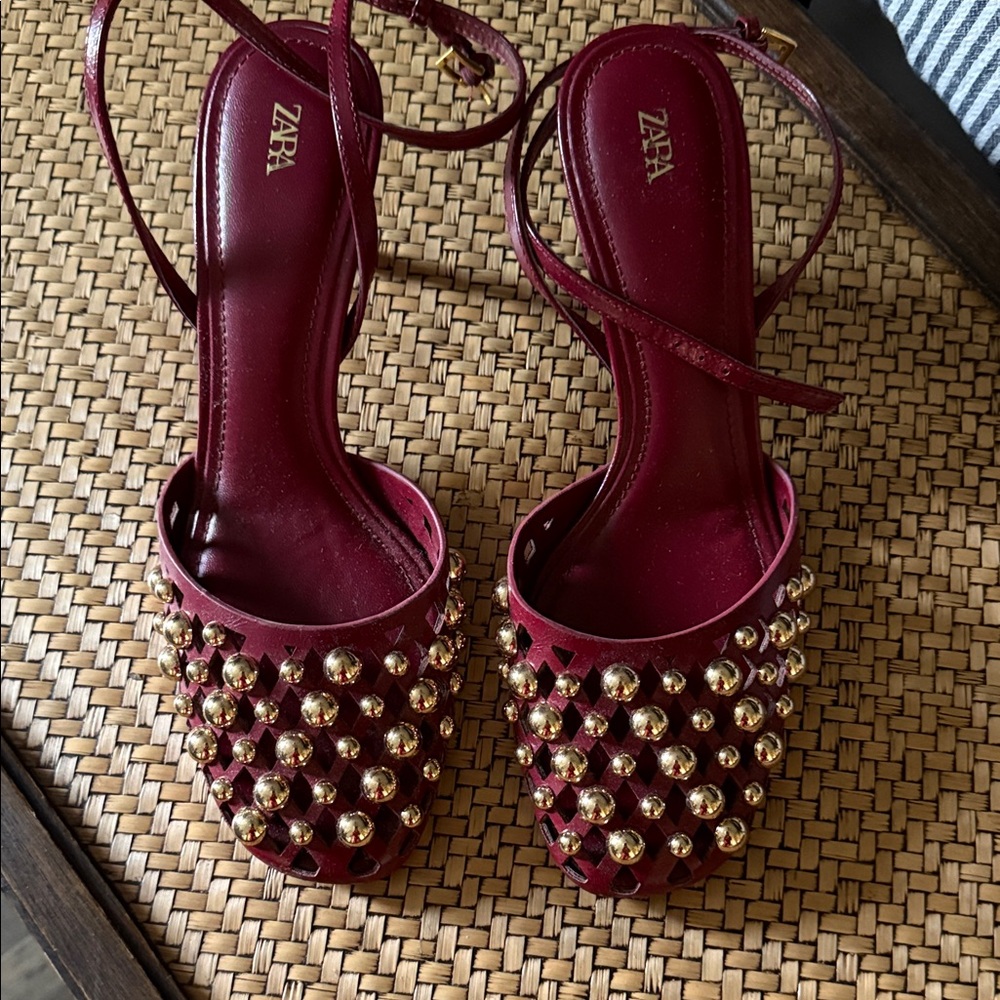 Zara Burgundy Heels with Metallic Accents